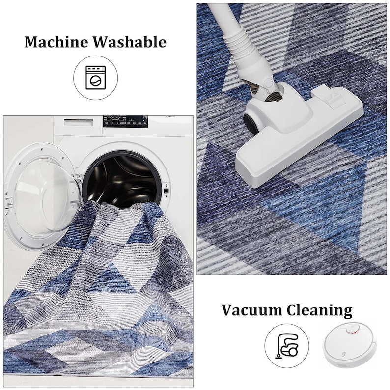 K&ouml;nnte beinhalten: Ein blauer und wei&szlig;er geometrisch gemusterter Teppich mit dem Text "Machine Washable" und "Vacuum Cleaning" auf dem Bild. Der Teppich wird in einer Waschmaschine gewaschen und gesaugt.