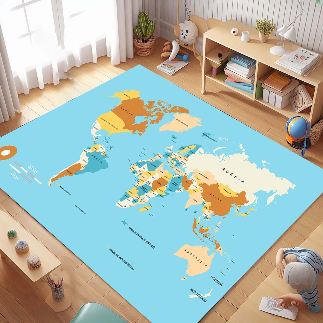 World Map Rug, Educational Carpet, Kids Room Decor, Geography Learning ...