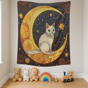 Moon Cat Tapestry, Celestial Wall Hanging, Mystical Cat Decor, Starry Night Tapestry, Spiritual Cat Wall Art, Witchy Room Decor