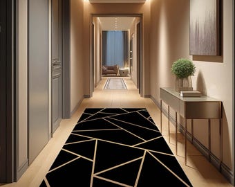 Alfombra moderna geométrica para pasillo, alfombra negra y dorada para recibidor, decoración de suelo contemporánea de lujo, alfombra minimalista chic, alfombra larga abstracta con estilo.