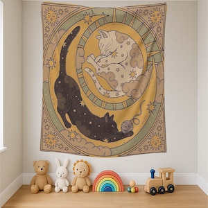 Celestial Cat Art, Moon Star Tapestry, Cute Cat Wall Hanging, Boho Cat Tapestry, Starry Night Cats, Yin Yang Cat, Whimsical Wall Art