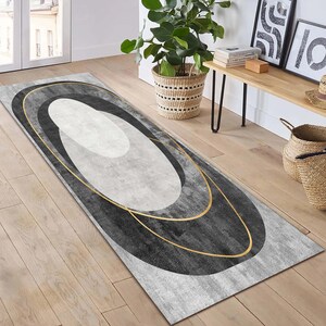 Abstrakter Flurteppich, Teppichläufer, Grau-Gold Teppich, Waschbarer Teppich, Weiche Teppich Eingangsmatte, Zeitgenössische Wohnkultur, Eleganter Korridorteppich