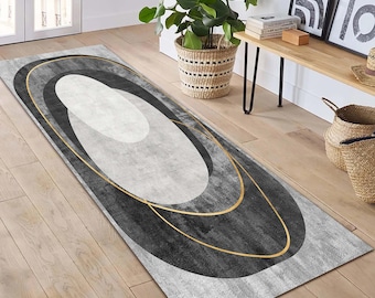 Abstrakter Flurteppich, Teppichläufer, Grau-Gold Teppich, Waschbarer Teppich, Weiche Teppich Eingangsmatte, Zeitgenössische Wohnkultur, Eleganter Korridorteppich