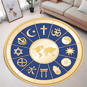 Tapis rond avec symboles religieux, tapis spirituel, décoration de salon, conception de carte du monde, conception unique, durable, facile à nettoyer, méditation, zen