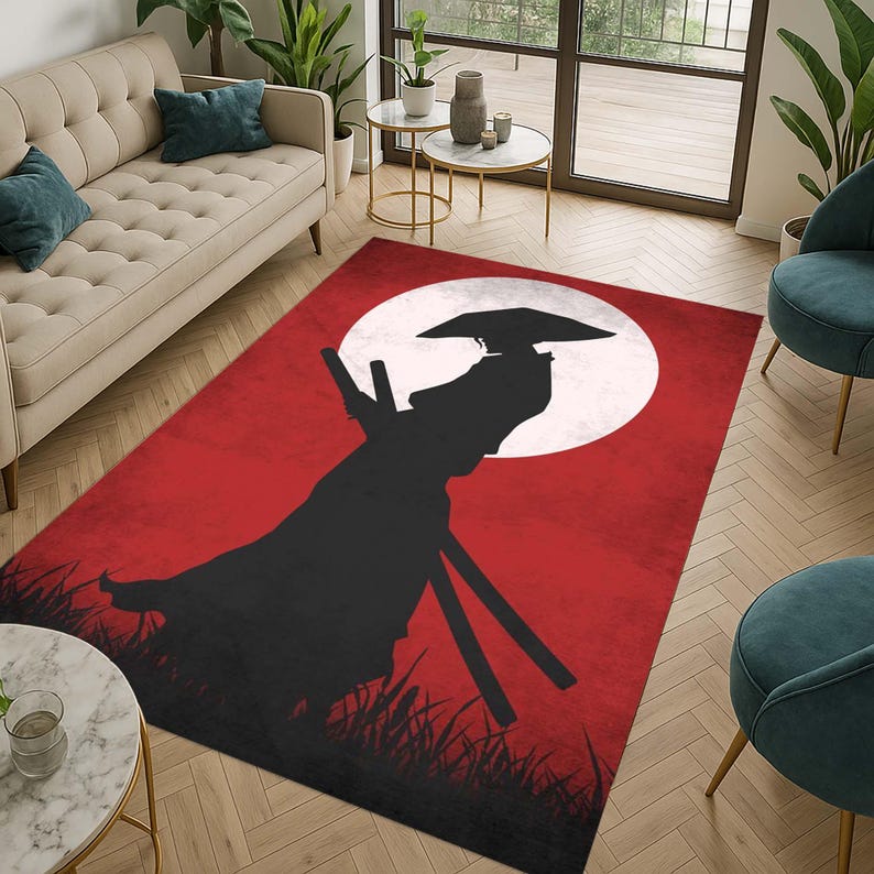 May include: A rectangular rug with a design of a black samurai warrior silhouette against a red background and a white moon. The rug has a grass-like design at the bottom.