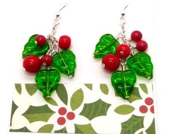 Holly Christmas Earrings - Christmas Earrings - Holly Leaf Earrings - Christmas Jewelry - Holiday Earrings - Glass Holly Earrings