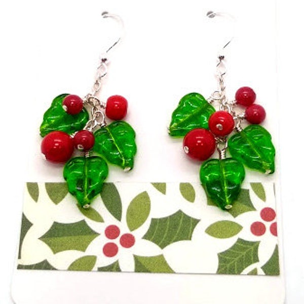 Holly Christmas Earrings - Christmas Earrings - Holly Leaf Earrings - Christmas Jewelry - Holiday Earrings - Glass Holly Earrings