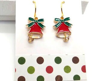 Christmas Bell Earrings - Christmas Earrings - Red and Green - Christmas Jewelry - Holiday Earrings - Enamel Charm Earrings - 30mm