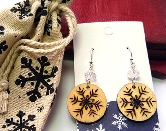 Wood Burned Snowflake Earrings - Christmas Earrings - Snowflake Earrings - Christmas Jewelry - Holiday Earrings - Rustic Christmas Earrings