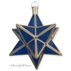 Handmade Blue Stained Glass Moravian Star Ornament | 3D Geometric Brass Lantern | Moroccan Hanging Pendant Decor