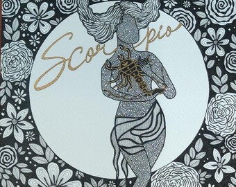 Scorpio Zodiac Art: Mystical Celestial Pen Drawing A4 Original Hand drawn art