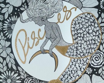 Pisces Mermaid Art: Gold Akzent Sternzeichen Illustration A4 Original Handgezeichnete Kunst