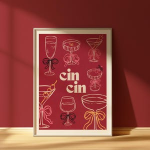 「Cin Cin」乾杯プリントのカクテルウォールアート、バーカートの装飾、エスプレッソマティーニプリント、レトロポスター、ドーパミンキッチン装飾、デジタルプリント
