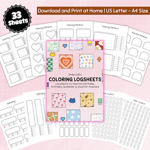 Puede incluir: Un conjunto de 33 hojas de registro de color para imprimir para practicar patrones, texturas, mezclas y muestras de color. Las hojas de registro de color presentan una variedad de diseños, que incluyen corazones, flores y formas geométricas.