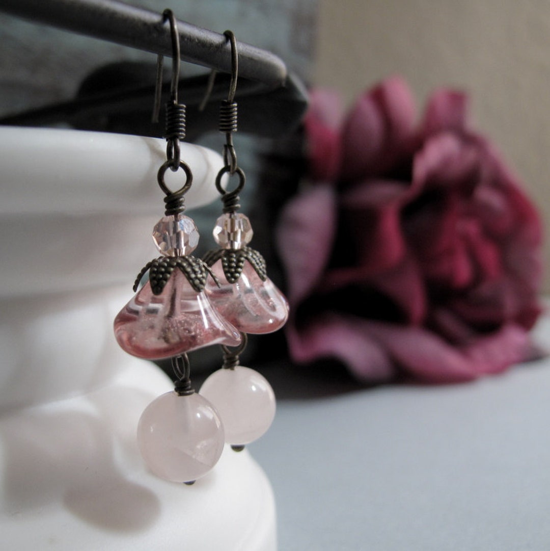 Blush Dangle Earrings Brass Pink Flowers Rose Quartz - Etsy