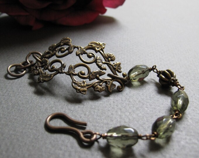 Ivy Cuff Bracelet, Antique Gold Brass, Victorian Filigree, Chain, Olive ...
