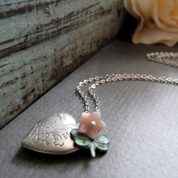 Argento ciondolo cuore collana, Collana ciondolo ragazze e libellula, rosa e verde collana - risvegliare