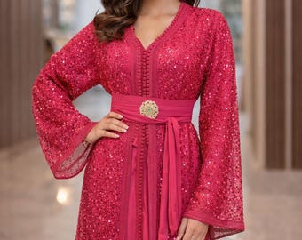 Luxe rode Marokkaanse kaftan | Bruidsjurk Takchita | Kaftan voor Nikah & Eid-feesten | Elegante Marokkaanse jurk voor vrouwen