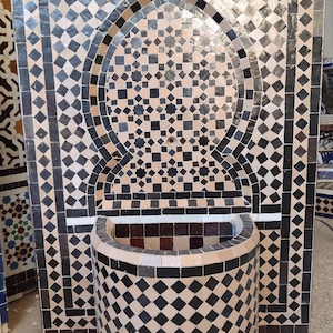 Handmade Black & White Mosaic Water Fountain for indoor and outdoor, handmade tile fountain, Garden Moroccan Mosaic Fountain, Funny Art Tile