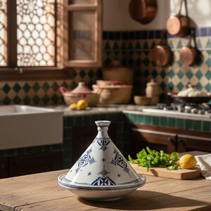 Cook and serve in style with this handmade Moroccan clay tagine, perfect for slow cooking and rich flavors.
Hand-painted clay tagine made by Moroccan artisans, ideal for traditional recipes and beautiful serving.
