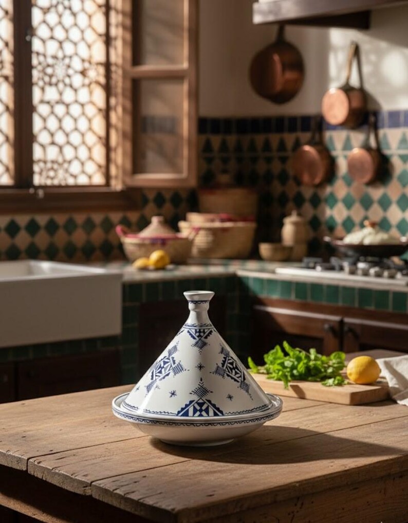 Cook and serve in style with this handmade Moroccan clay tagine, perfect for slow cooking and rich flavors.
Hand-painted clay tagine made by Moroccan artisans, ideal for traditional recipes and beautiful serving.