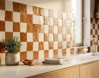 Azulejos marroquíes Zellige de 10 x 10 cm, mosaico de cerámica blanca y terracota hecho a mano, ideales para salpicaderos de cocina, paredes de baño y decoración rústica para el hogar.