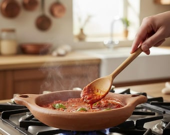 Rustikaler marokkanischer Tontopf: Handgefertigter Terrakotta-Topf zum Kochen über offenem Feuer und zum Servieren am Tisch