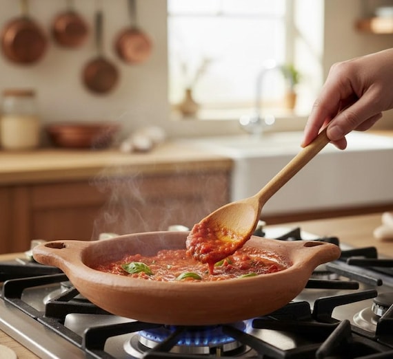 Rustikaler marokkanischer Tontopf: Handgefertigter Terrakotta-Topf zum Kochen über offenem Feuer und zum Servieren am Tisch
