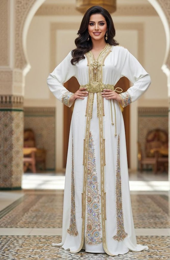 elegant white and gold dresses Dubai Elegant White Nude Beaded Evening Dress with Gloves LA72649 White Nude / 4 main image 1