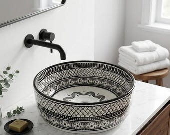 Handgemaakte Marokkaanse keramische wastafel | Zwart-witte badkamerwastafel | Exotisch aardewerk | Boho badkamerdecoratie