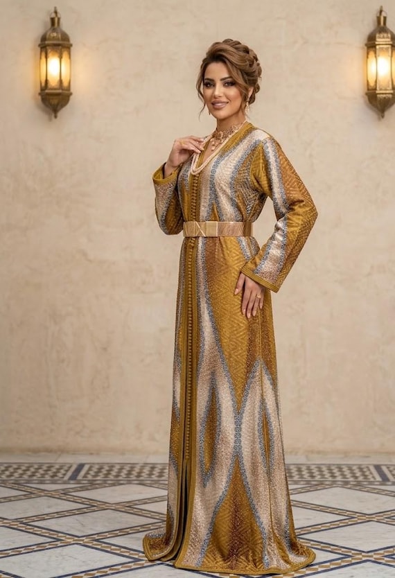 Handmade Moroccan Caftan Dress - Gold Takchita with Belt | Luxury Wedding Kaftan