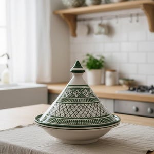 Tajín de cerámica hecho a mano, tajín de cerámica marroquí para servir y decorar, olla de cerámica pintada a mano, tajín de cerámica verde, tajín bereber