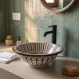 Unique Hand Painted Porcelain Vessel Sink | Elegant Moroccan Ceramic Bathroom Sink