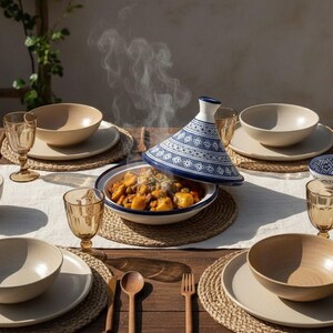 Blue Moroccan tagine cookware, handcrafted ceramic pot for slow cooking meats, vegetables, and serving authentic Moroccan cuisine.
Traditional handmade Moroccan tagine pot in blue ceramic, ideal for cooking, serving, and adding artisanal charm to your kitchen.
Artisan Moroccan blue ceramic tagine, perfect for authentic cooking, serving tajines, and Mediterranean kitchen decor.
