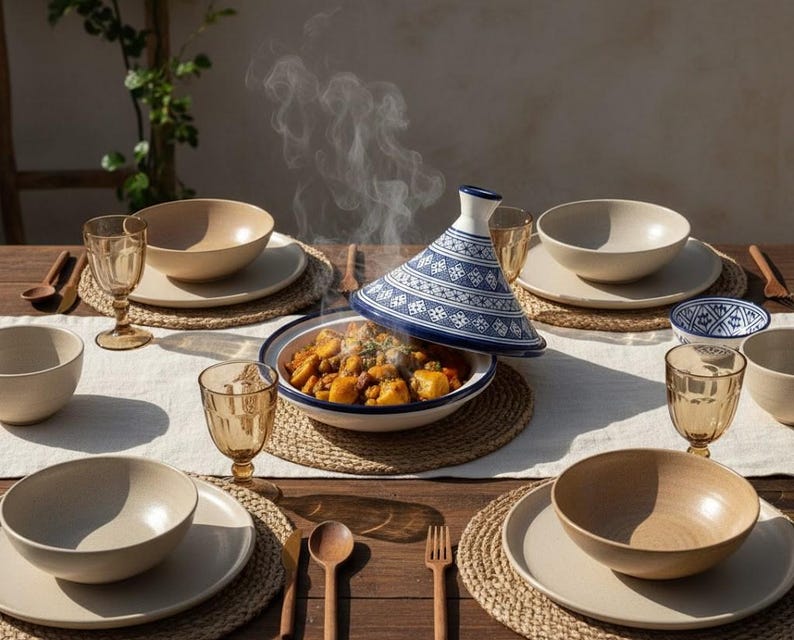 Blue Moroccan tagine cookware, handcrafted ceramic pot for slow cooking meats, vegetables, and serving authentic Moroccan cuisine.
Traditional handmade Moroccan tagine pot in blue ceramic, ideal for cooking, serving, and adding artisanal charm to your kitchen.
Artisan Moroccan blue ceramic tagine, perfect for authentic cooking, serving tajines, and Mediterranean kitchen decor.