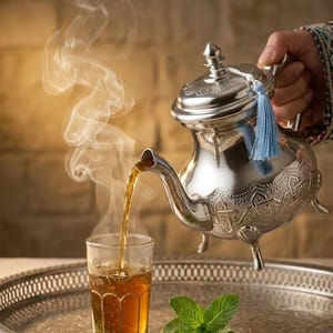 Peut inclure: Une théière argentée aux motifs complexes verse du thé dans un verre transparent. De la vapeur s'élève du thé, et une branche de menthe repose sur un plateau argenté. La théière a un pompon bleu et est tenue par une personne avec une manche brodée.