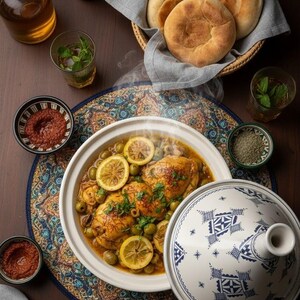 Traditional hand-painted clay tagine for cooking, serving, and adding Moroccan charm to your table.
Handmade Moroccan pottery tagine, perfect for couscous, stews, and traditional dishes.