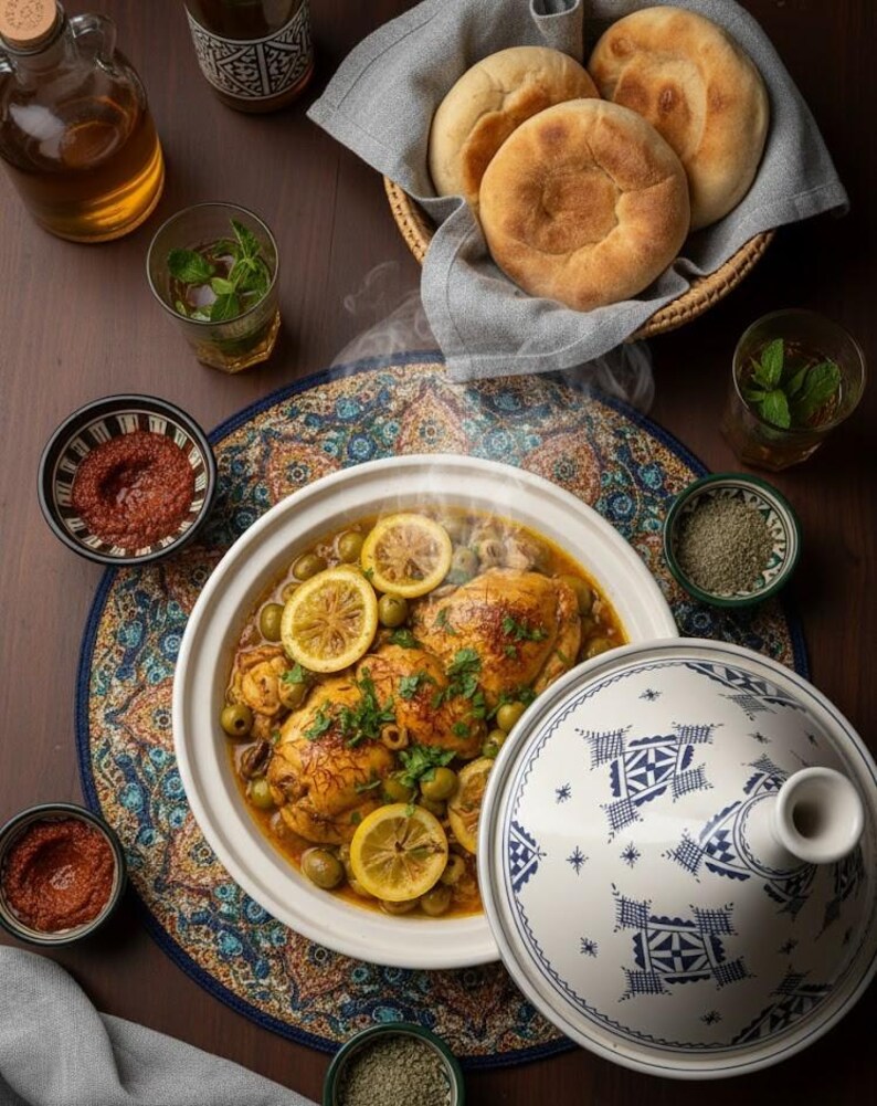 Traditional hand-painted clay tagine for cooking, serving, and adding Moroccan charm to your table.
Handmade Moroccan pottery tagine, perfect for couscous, stews, and traditional dishes.