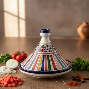 Tajín de cerámica marroquí para servir y decorar de forma espectacular. Olla de cerámica tradicional marroquí 100 % hecha a mano. Tajín de cerámica marroquí artesanal. Regalo.