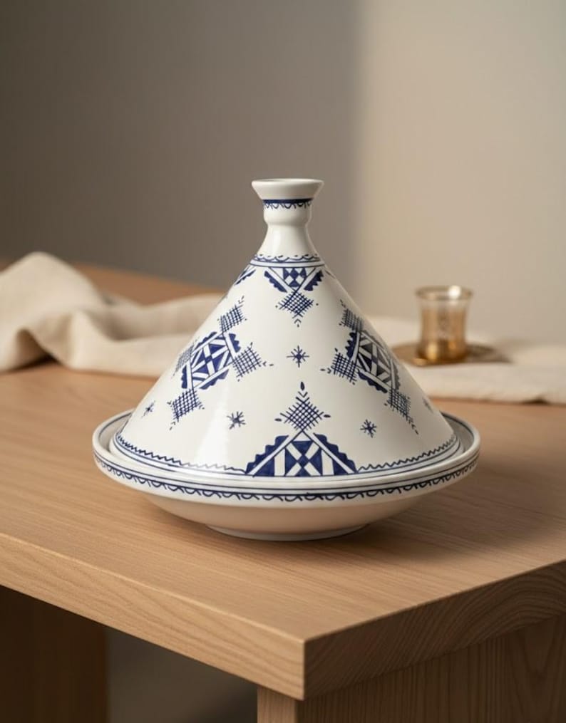 Traditional Moroccan tagine handcrafted from clay, perfect for cooking, serving, and home decor.
Authentic hand-painted pottery tagine for Moroccan cuisine, handmade with care and cultural heritage.