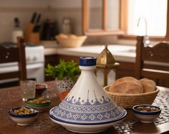 Marokkaanse keramische tajinepan, handgemaakte serveerschaal, traditionele ambachtelijke tajine, blauw gedecoreerde tajine, housewarmingcadeau, uniek cadeau