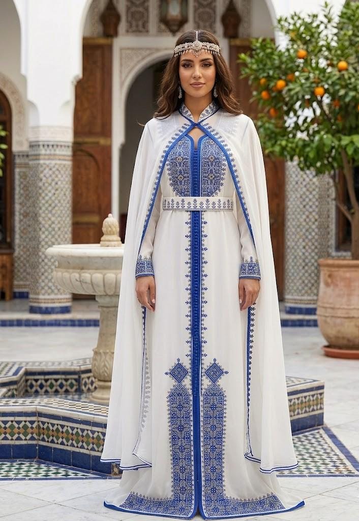 blue and white kaftan dress Moroccan Caftan | Handmade with Cape Selham & Belt 136 cm bust circumference