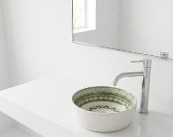 Hand Painted Moroccan Bathroom Sink | Ceramic Vessel Basin | Green & White Geometric Pottery Bowl | Bohemian Home Decor