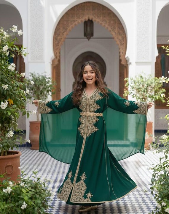 Moroccan Kids Caftan Green Gold Embroidered Takchita Girls Kaftan  Traditional Dress Arabic Abaya Children Formal Wear Eid Outfit Wedding -  Etsy