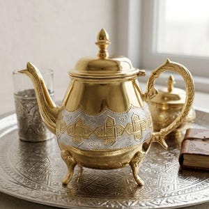 Peut inclure: Une théière dorée avec des détails en filigrane argenté, une poignée incurvée et un couvercle décoratif. La théière repose sur un plateau argenté avec d'autres pièces de service, dont un verre et un petit sucrier.