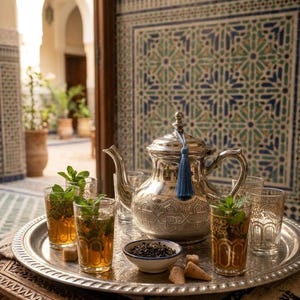 Peut inclure: Un service à thé en argent avec une théière décorative et des verres de thé à la menthe sur un plateau argenté. Le plateau contient également un petit bol de feuilles de thé et des morceaux de sucre. En arrière-plan, un mur carrelé à motifs et une porte ouverte.