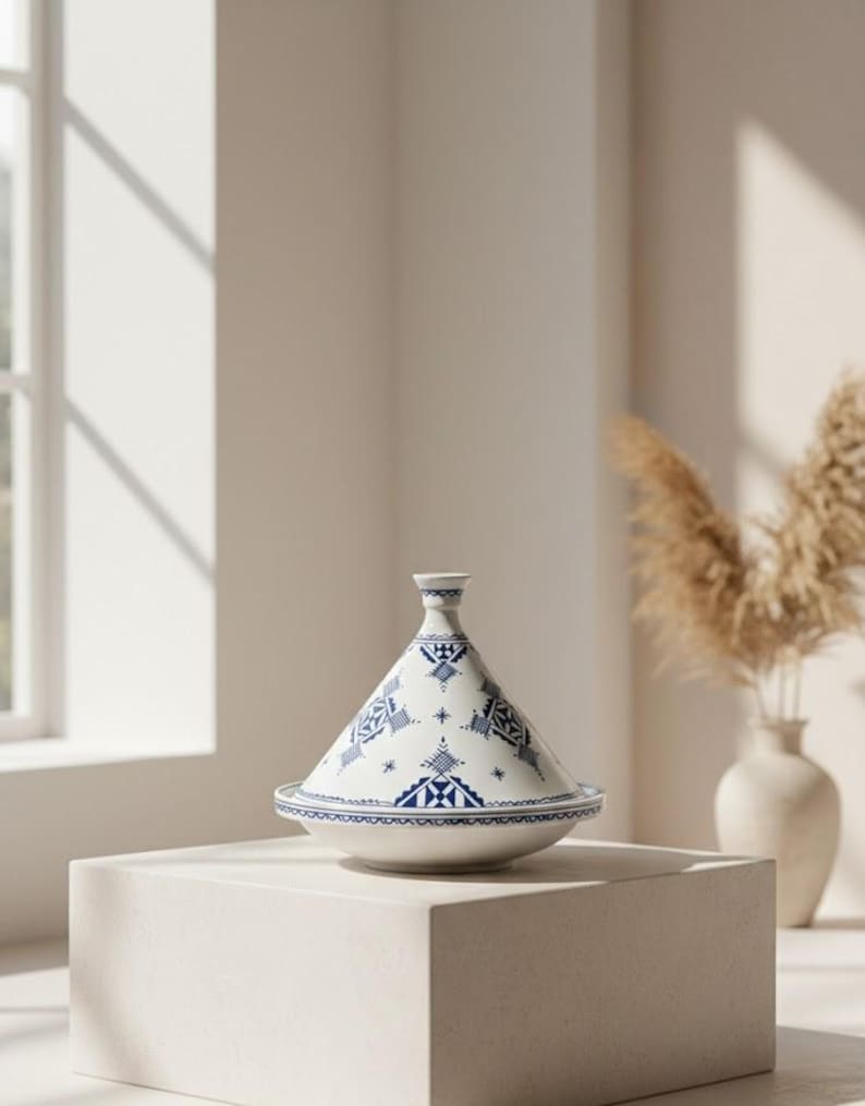 Handmade clay tagine, hand-painted by Moroccan artisans. Perfect for authentic cooking, serving, and kitchen decor.
Authentic Moroccan clay tagine, hand painted and handcrafted for traditional cuisine and elegant table serving.