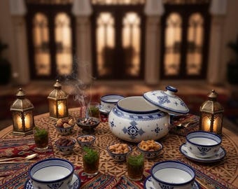 Handmade Moroccan Tureen Set, Soupiere, Ceramic Soup Pot, Moroccan Soup, Ramadan Harira Soup, 10-Piece Vintage Moroccan Dinnerware
