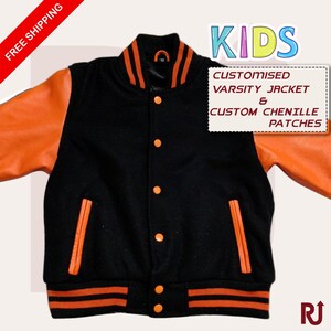 Chaqueta de béisbol juvenil con parche de letra personalizado, chaqueta del equipo escolar, ropa escolar personalizada, chaqueta negra de secundaria naranja para niños