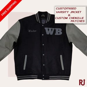 Chaqueta bomber personalizada hecha a mano para hombre. Chaqueta de bolos universitaria negra personalizada con monograma. Chaqueta universitaria negra y gris. Regalo para él.